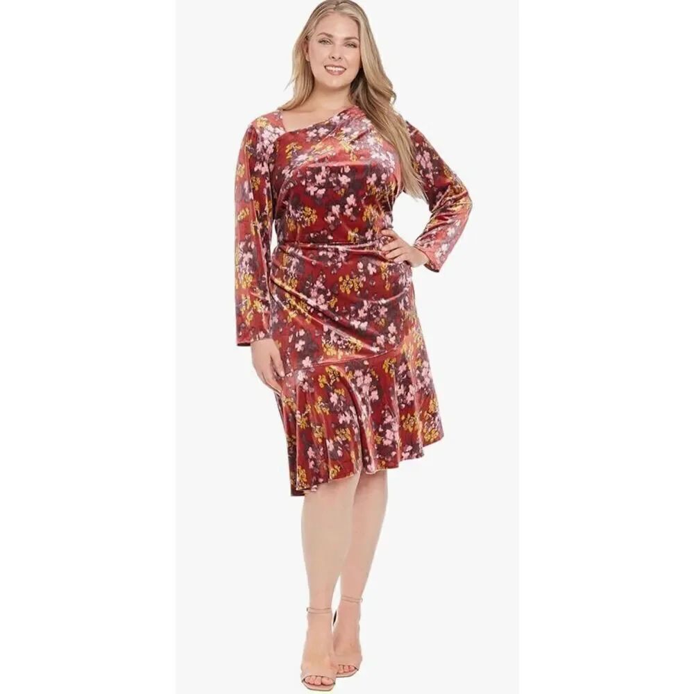 London Times Women's Asymmetrical Neck Ruched Long SLV Flounce Dress
